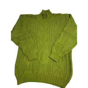 Olive Open Knit Heritage Cable Mockneck Sweater, OS. Balloonsleeves